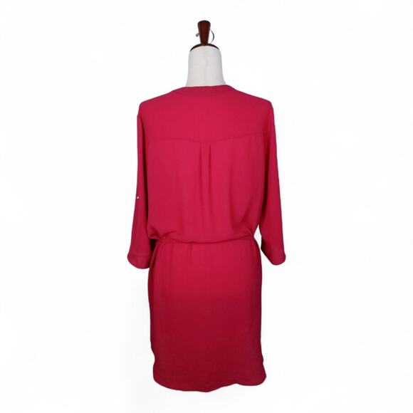 MERAKI Hi/Lo Sheath Dress Red Roll-Tab Sleeves Deep V-neck Belted - Size L - Picture 4 of 9